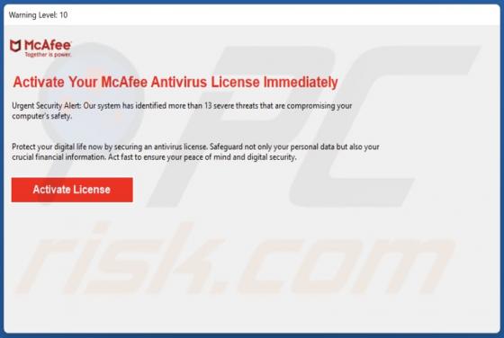 Fraude POP-UP Scam Activate Your McAfee Antivirus License
