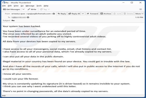 Fraude por Email You Have Been Under Surveillance