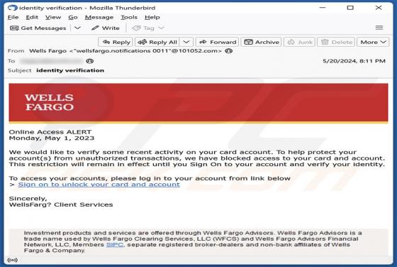Fraude por Email Wells Fargo - Card Activity Verification