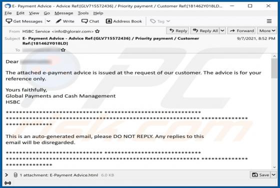 Fraude por Email HSBC E-Payment Advice
