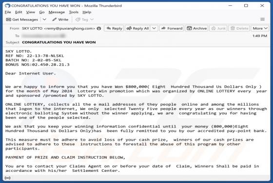 Fraude por Email SKY LOTTO