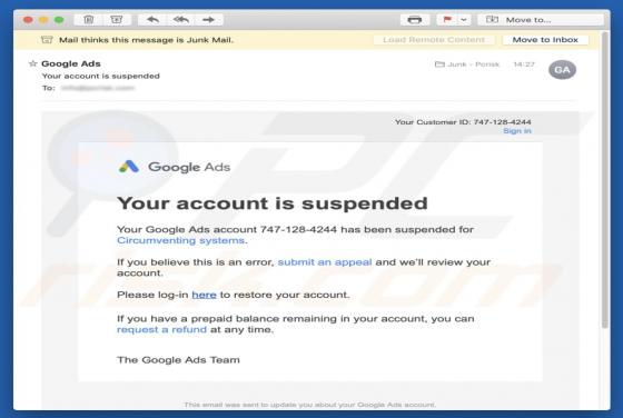 Fraude por Email Google Ads - Your Account Is Suspended