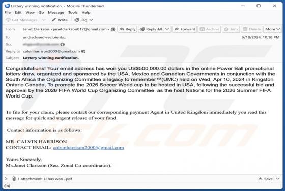 Fraude por Email 2026 FIFA World Cup Lottery