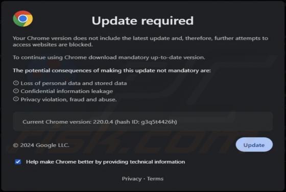 Your Chrome Version Does Not Include The Latest Update POP-UP Fraude