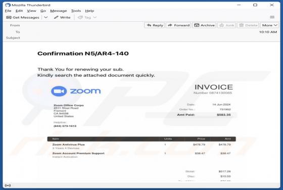 Fraude por Email Zoom Antivirus Plus Subscription