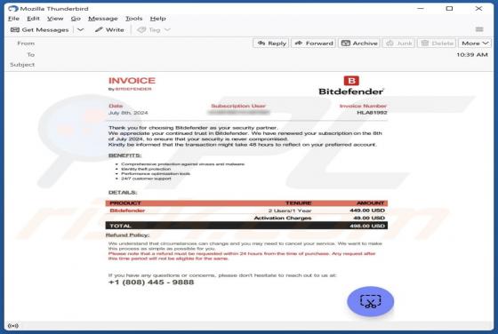 Fraude por Email Bitdefender Subscription Renewal