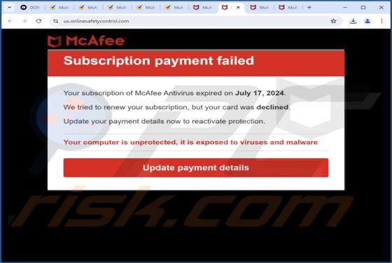 McAfee - Subscription Payment Failed POP-UP Fraude