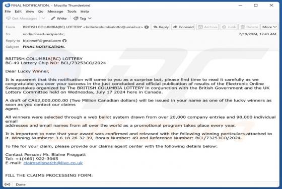 Fraude por Email British Columbia Lottery