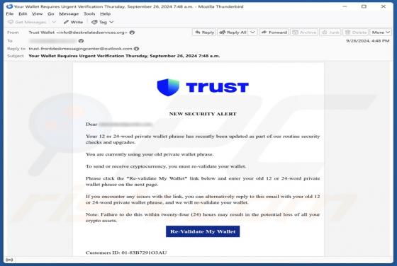 Fraude por Email Trust Wallet - New Security Alert