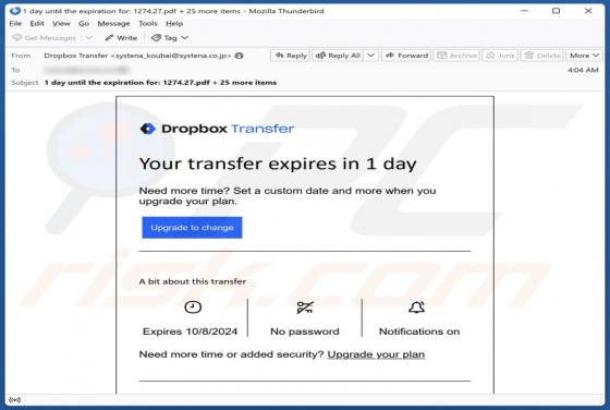 Fraude por Email Dropbox - Your Transfer Expires