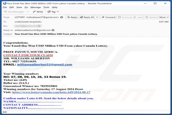 Fraude por Email Yahoo Canada Lottery