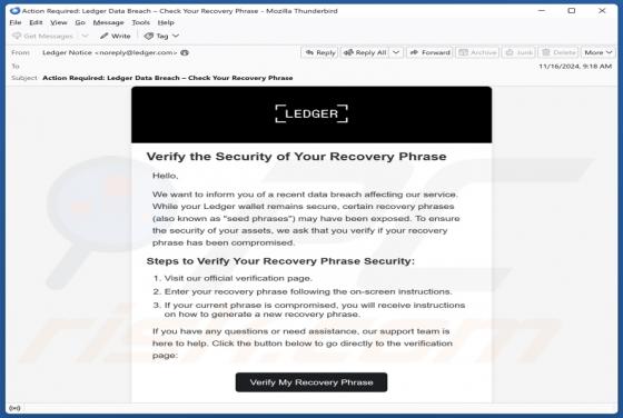 Fraude por Email Ledger Recovery Phrase Verification