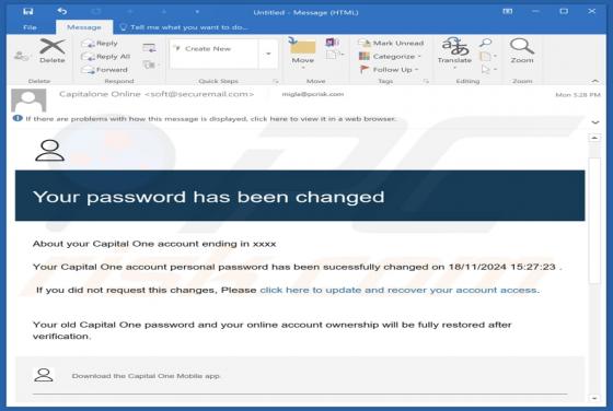 Fraude por Email Capital One - Your Password Has Been Changed
