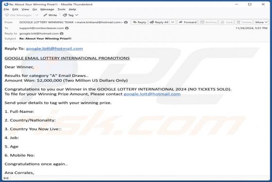 Google Email Lottery International Promotions Fraude