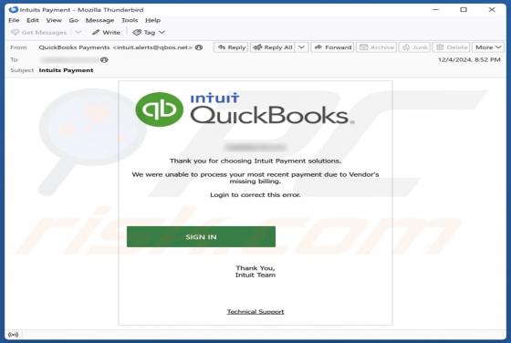 Fraude por Email Intuit QuickBooks - Unable To Process Payment