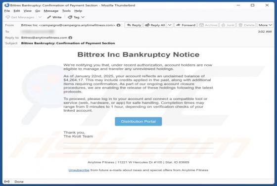 Fraude por Email Bittrex Inc Bankruptcy Notice