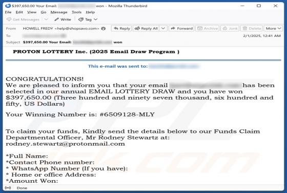 Fraude por Email PROTON LOTTERY