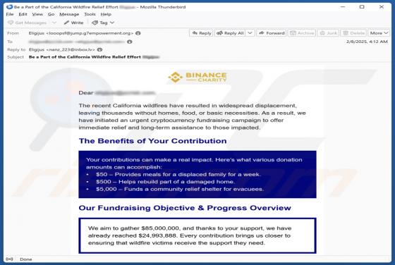 Fraude por Email Binance Charity - California Wildfires Fundraiser