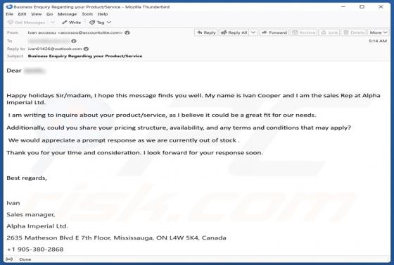 Fraude por Email Inquire About Your Product/Service
