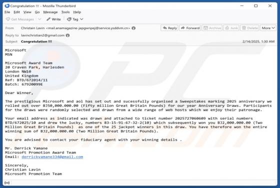 Fraude por Email Microsoft And AOL Sweepstakes