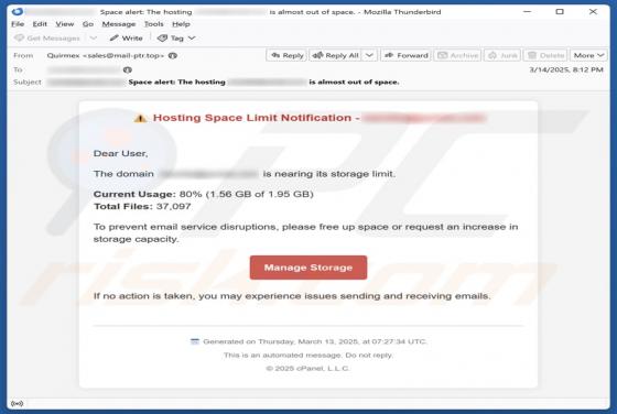 Fraude por Email Hosting Space Limit Notification