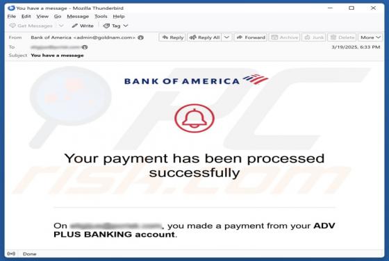 Fraude por Email Bank Of America - Payment Processed Successfully