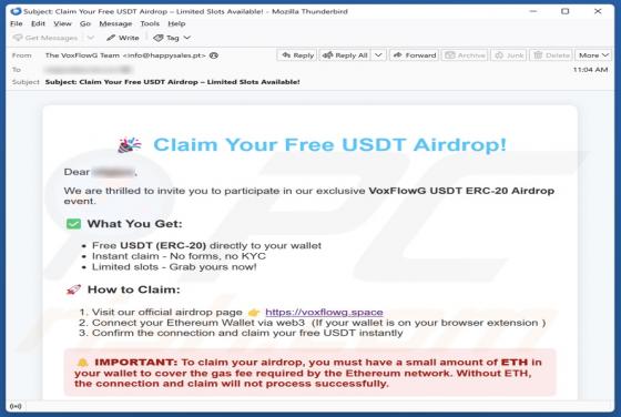 Fraude por Email VoxFlowG USDT Airdrop