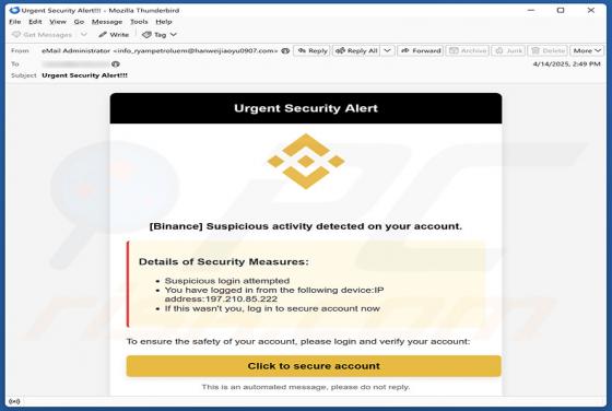 Fraude por Email Binance - Urgent Security Alert