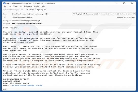 Fraude por Email Lottery Winnings Compensation