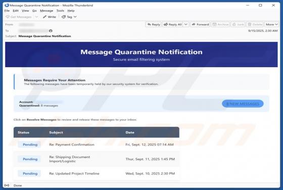 Fraude por Email Message Quarantine Notification