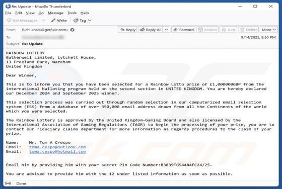 Fraude por Email Rainbow Lottery