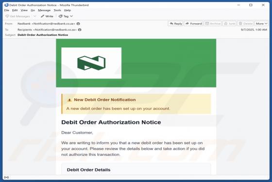 Fraude por Email Nedbank - New Debit Order Notification