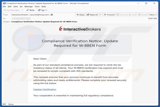 Interactive Brokers Compliance Verification Notice Email Fraude