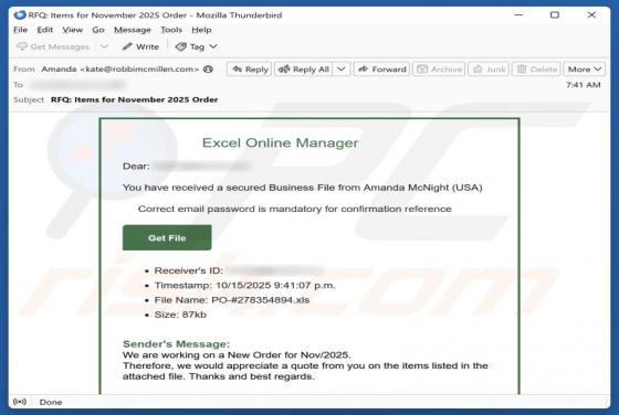 Excel Online Manager Email Fraude