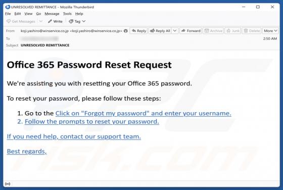 Office 365 Password Reset Request Email Fraude
