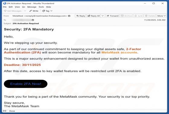 Fraude por Email MetaMask 2FA Activation