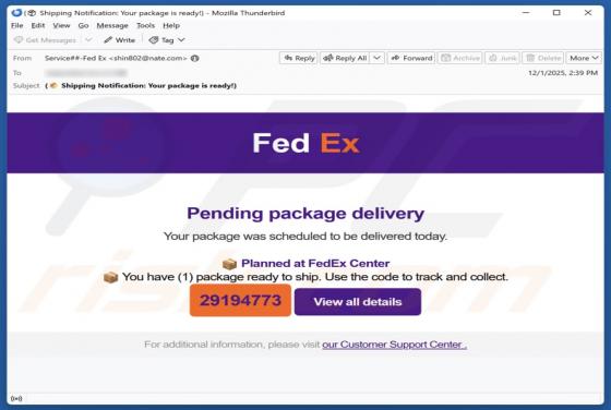 Fraude por e-mail FedEx - Pending Package Delivery