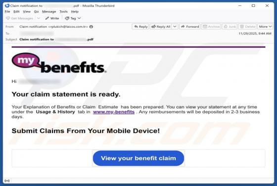 Fraude por e-mail My Benefits - Your Claim Statement Is Ready