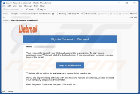 Fraude por e-mail Request To Cancel Your Webmail Account