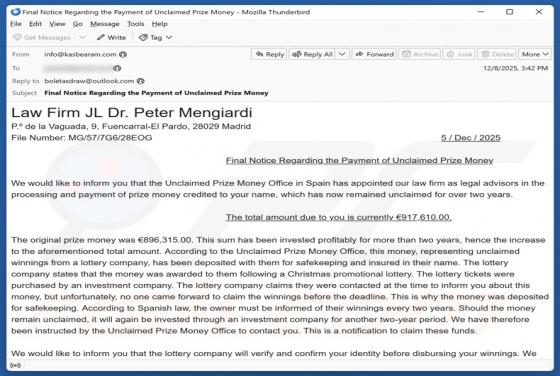 Fraude por e-mail Unclaimed Prize Money