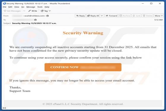 Fraude por e-mail Security Warning