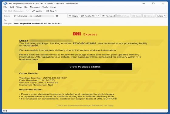 Fraude por e-mail DHL Express - Incomplete Address Information