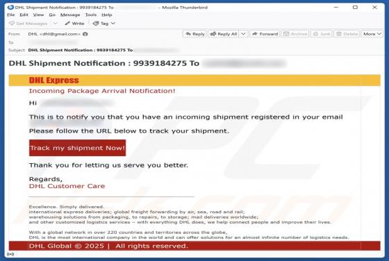 Fraude por e-mail DHL Express - Incoming Package Arrival Notification