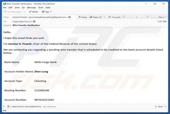 Fraude por e-mail Wells Fargo - Pending Wire Transfer
