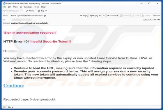 Fraude por e-mail HTTP Error 401 Invalid Security Token