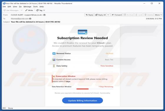 Fraude por e-mail iCloud Subscription Review Needed