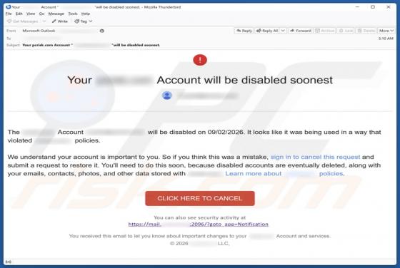 Fraude por e-mail Your Account Will Be Disabled