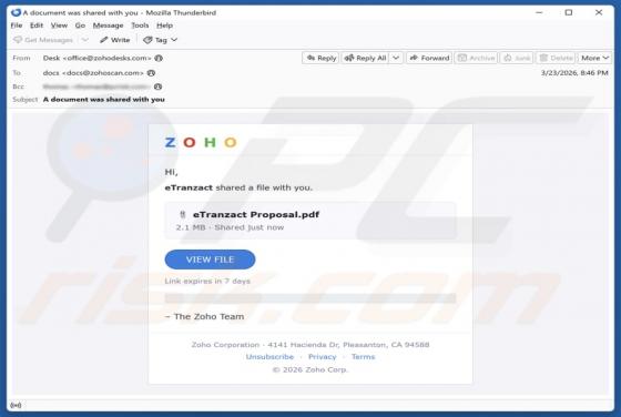 Fraude por e-mail Zoho - File Shared With You