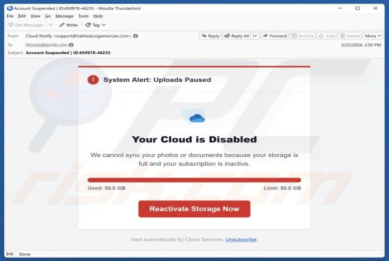 Fraude por e-mail Your Cloud Is Disabled