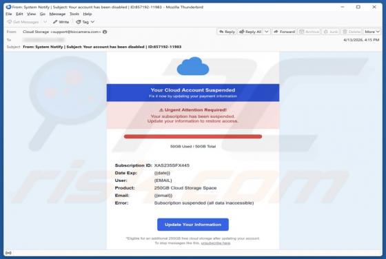 Your Cloud Account Suspended golpe de e-mail